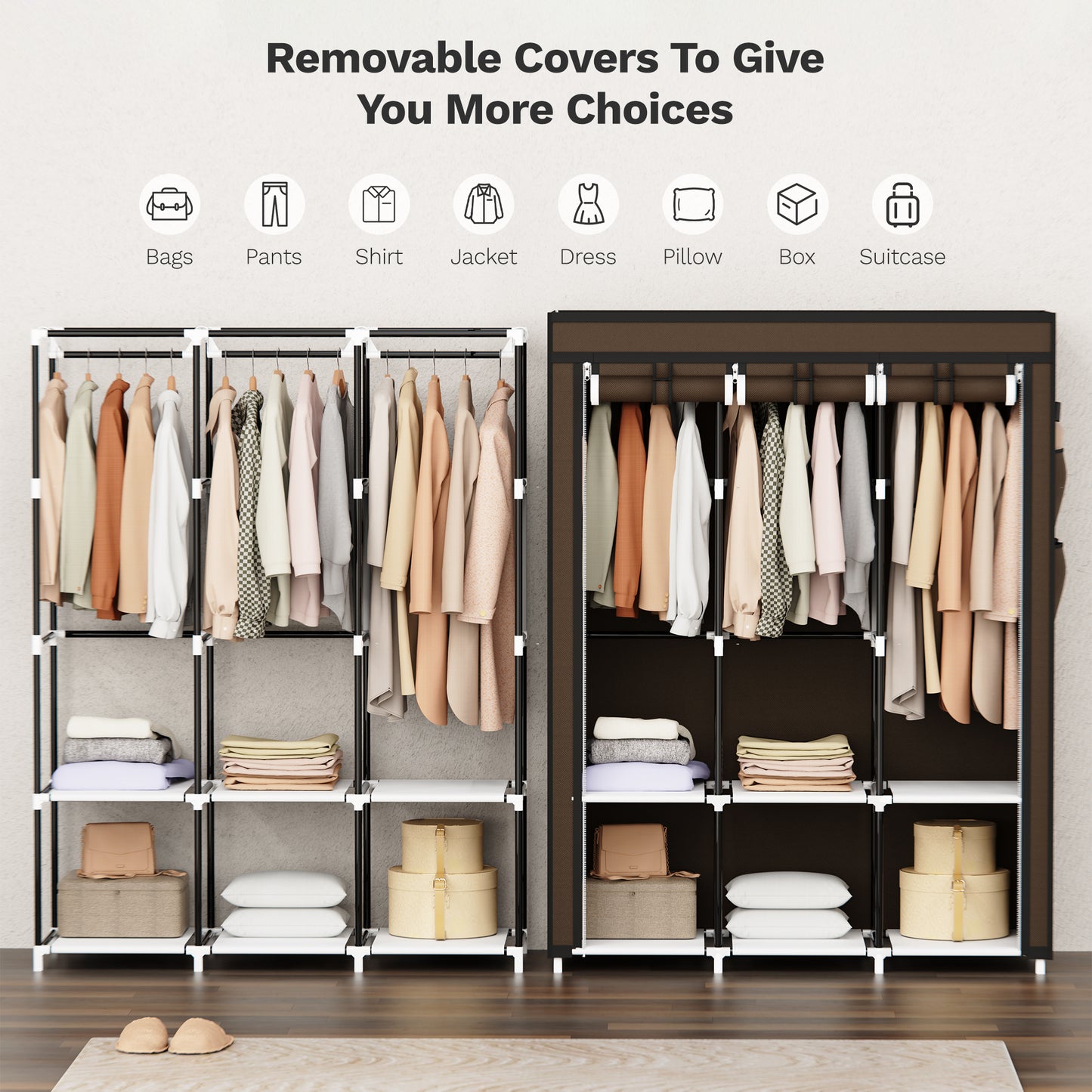 Riousery Portable Closet, 51 Inch Wardrobe Closet for Hanging Clothes 6 Storage Organizer Shelves, Brown