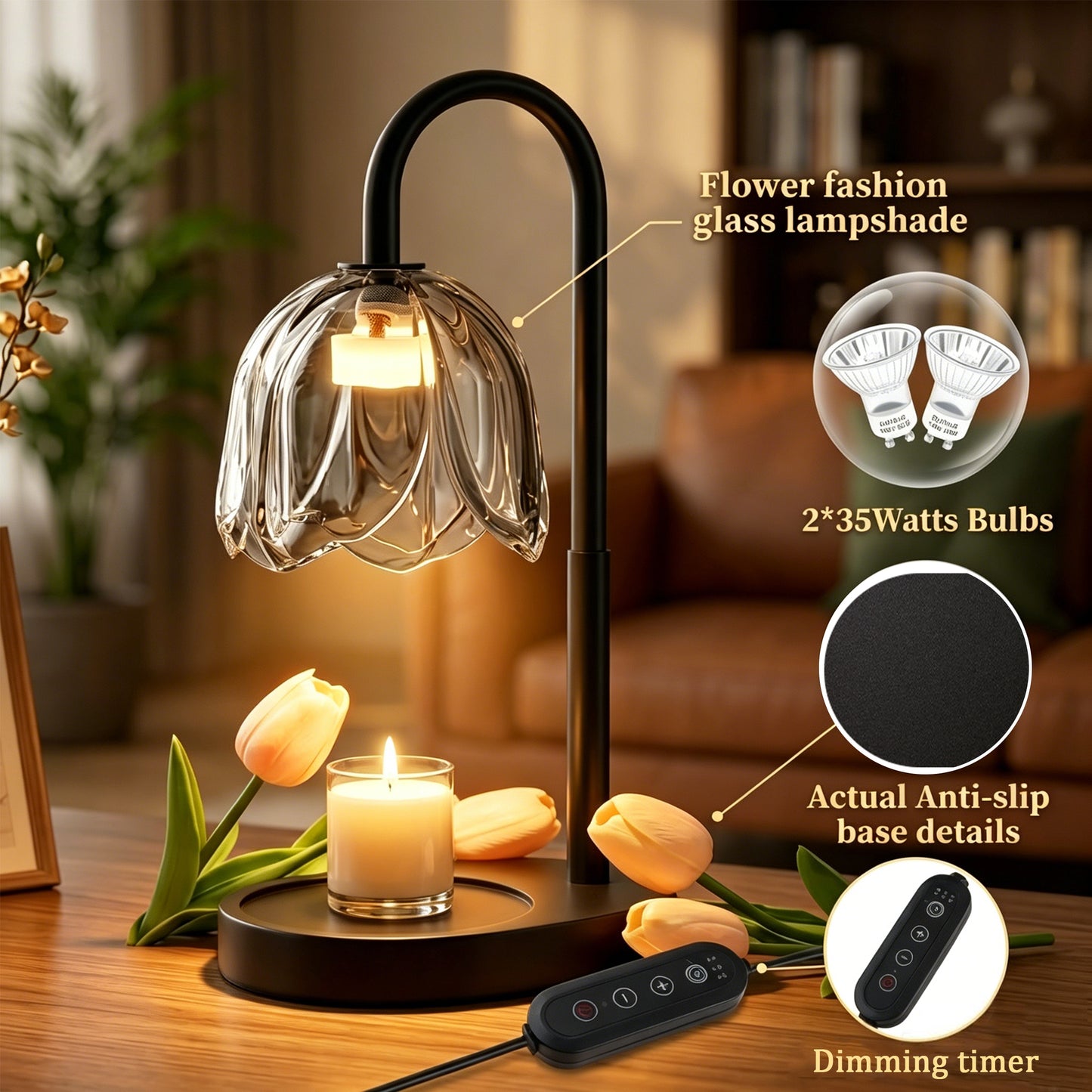 AOLIGO Candle Warmer Lamp with Timer Dimmable Wax Melt Warmer for Jar Candles Adjustable Height Black Petal Style Candle Lamp Home Decor Gift for Women Mom Housewarming