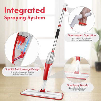 BIMZUC Spray Mop for Floor Cleaning Wet & Dry, with 14 oz Refillable Bottle and 3 Washable Microfiber Pads, Red