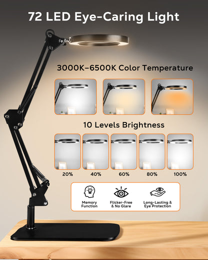 WEENEED 10X Magnifying Desk Lamp with Light, Adjustable Arm, USB Powered Magnifier Lamp with Clamp & Base for Reading, Repair, Crafts, Nail Beauty