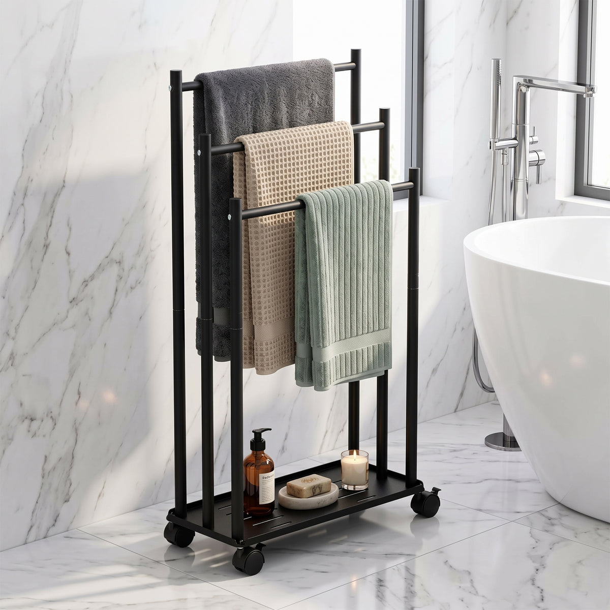 LZSDS 3-Tier Freestanding Rolling Towel Rack with Storage Shelf, Black