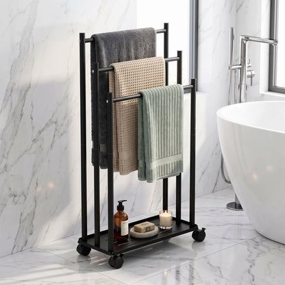 LZSDS 3-Tier Freestanding Rolling Towel Rack with Storage Shelf, Black