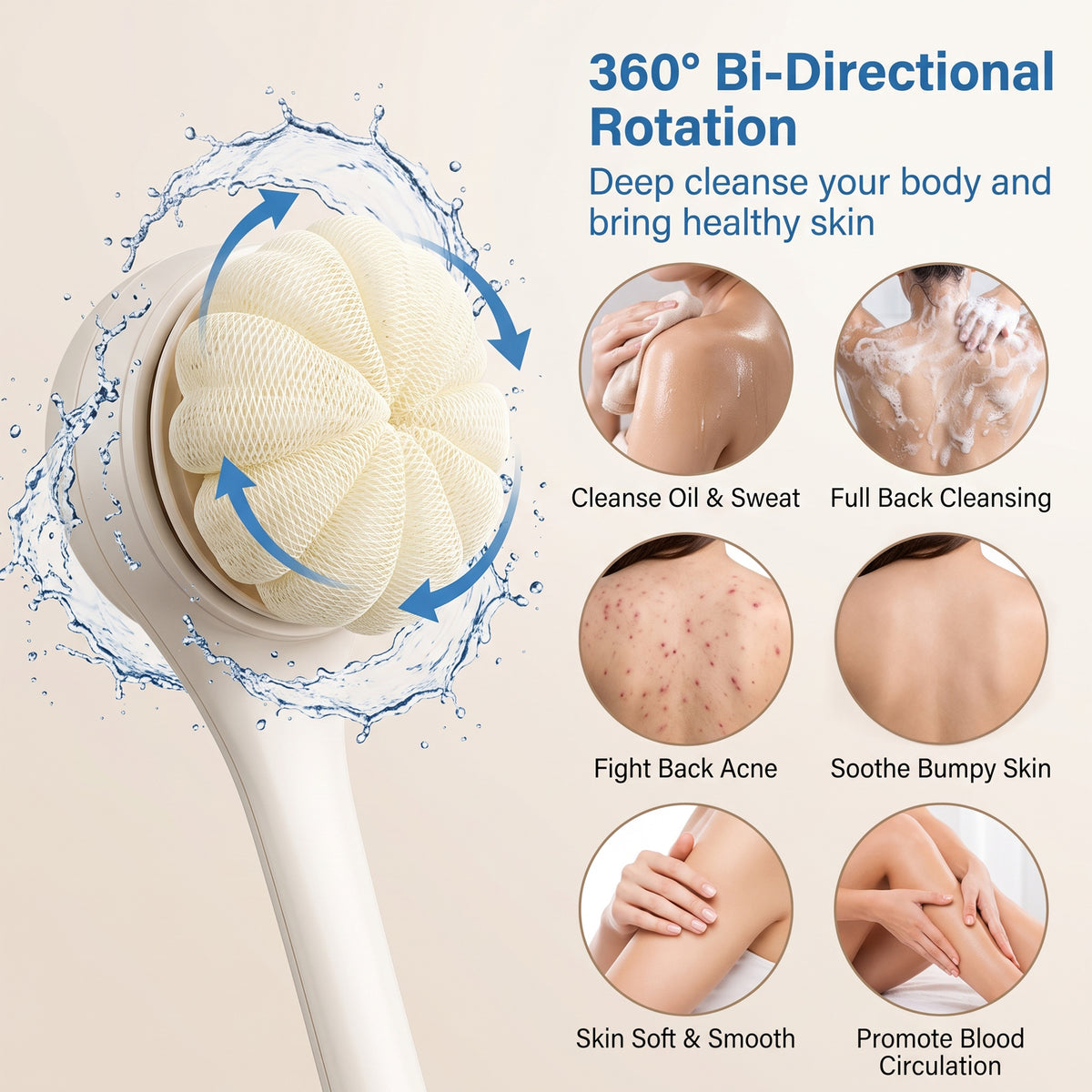Bokyan Electric Body Brush, Rechargeable Shower Brush with Long Handle, IPX7 Waterproof Spin Skin Brush with 4 Brush Heads, Head Holder
