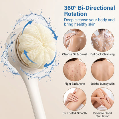 Bokyan Electric Body Brush, Rechargeable Shower Brush with Long Handle, IPX7 Waterproof Spin Skin Brush with 4 Brush Heads, Head Holder