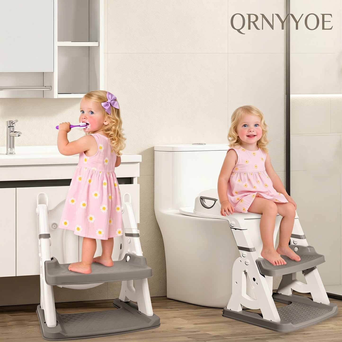 QRNYYOE Potty Training Seat 2-in-1 with 2 Step Ladder, Foldable and Adjustable Height Toddler Toilet Step Stool