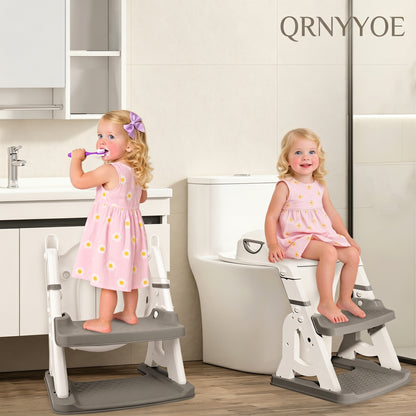QRNYYOE Potty Training Seat 2-in-1 with 2 Step Ladder, Foldable and Adjustable Height Toddler Toilet Step Stool