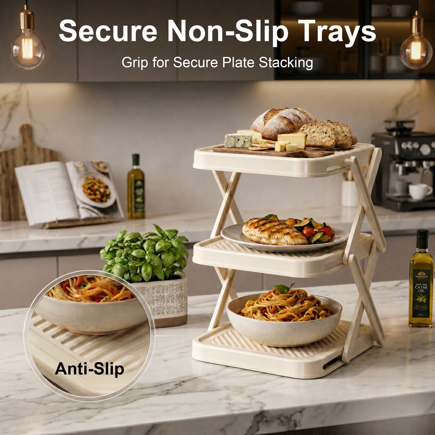 Alylo Kitchen Countertop Plate Organizer and Foldable Food Prep Rack, 3-Tier, ABS Plastic