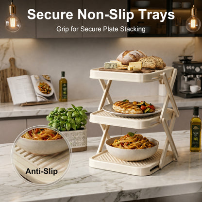 Alylo Kitchen Countertop Plate Organizer and Foldable Food Prep Rack, 3-Tier, ABS Plastic
