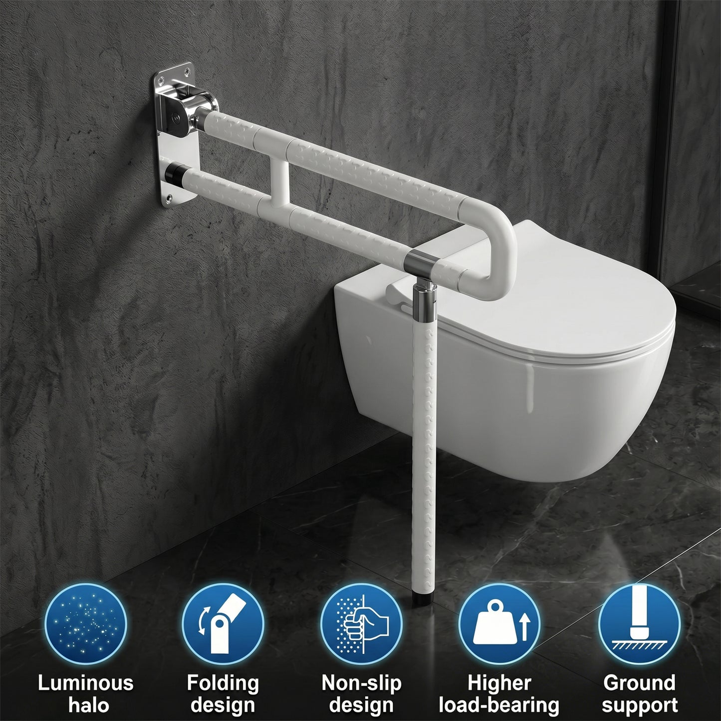 AOLIGO Foldable Toilet Grab Bar with Leg Support, Handicap Grab Bars for Bathroom, Toilet Safety Rails for Elderly Pregnant and Disabled