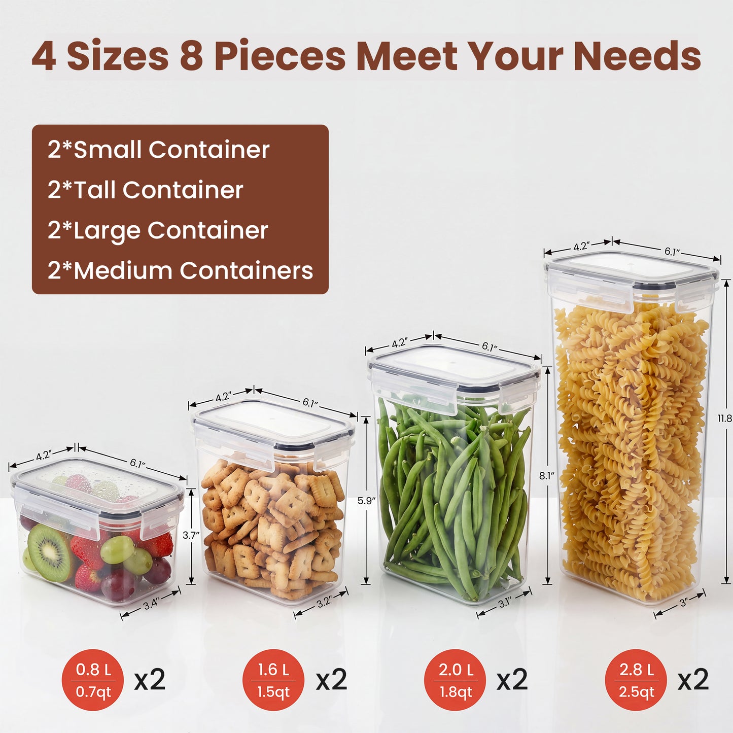 Riousery Airtight Food Storage Containers with Lids, 8-Piece Plastic Kitchen Pantry Canister Set for Cereal, Flour and Dry Food, with Labels and Marker