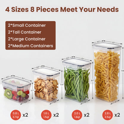 Riousery Airtight Food Storage Containers with Lids, 8-Piece Plastic Kitchen Pantry Canister Set for Cereal, Flour and Dry Food, with Labels and Marker