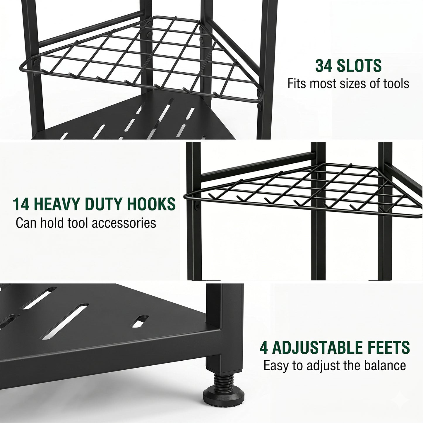 Riousery Garden Tool Organizer, Heavy Duty Metal Yard Tool Tower Rack with 34 Storage Slots & 14 Hooks for Garage Organization and Storage