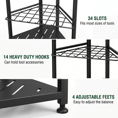 Riousery Garden Tool Organizer, Heavy Duty Metal Yard Tool Tower Rack with 34 Storage Slots & 14 Hooks for Garage Organization and Storage