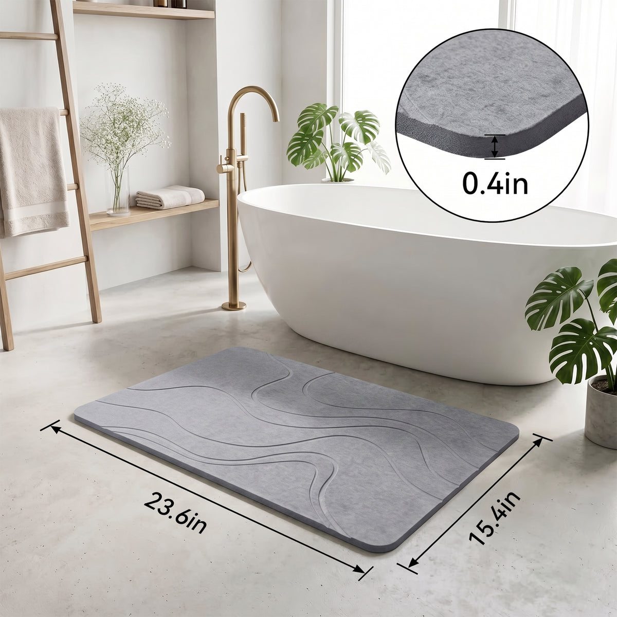 LZSDS Stone Bath Mat, 24" x 15" Diatomaceous Earth Shower Mat with Anti-Slip Base, Quick Dry Bathroom Mat for Kitchen Entryway, Grey