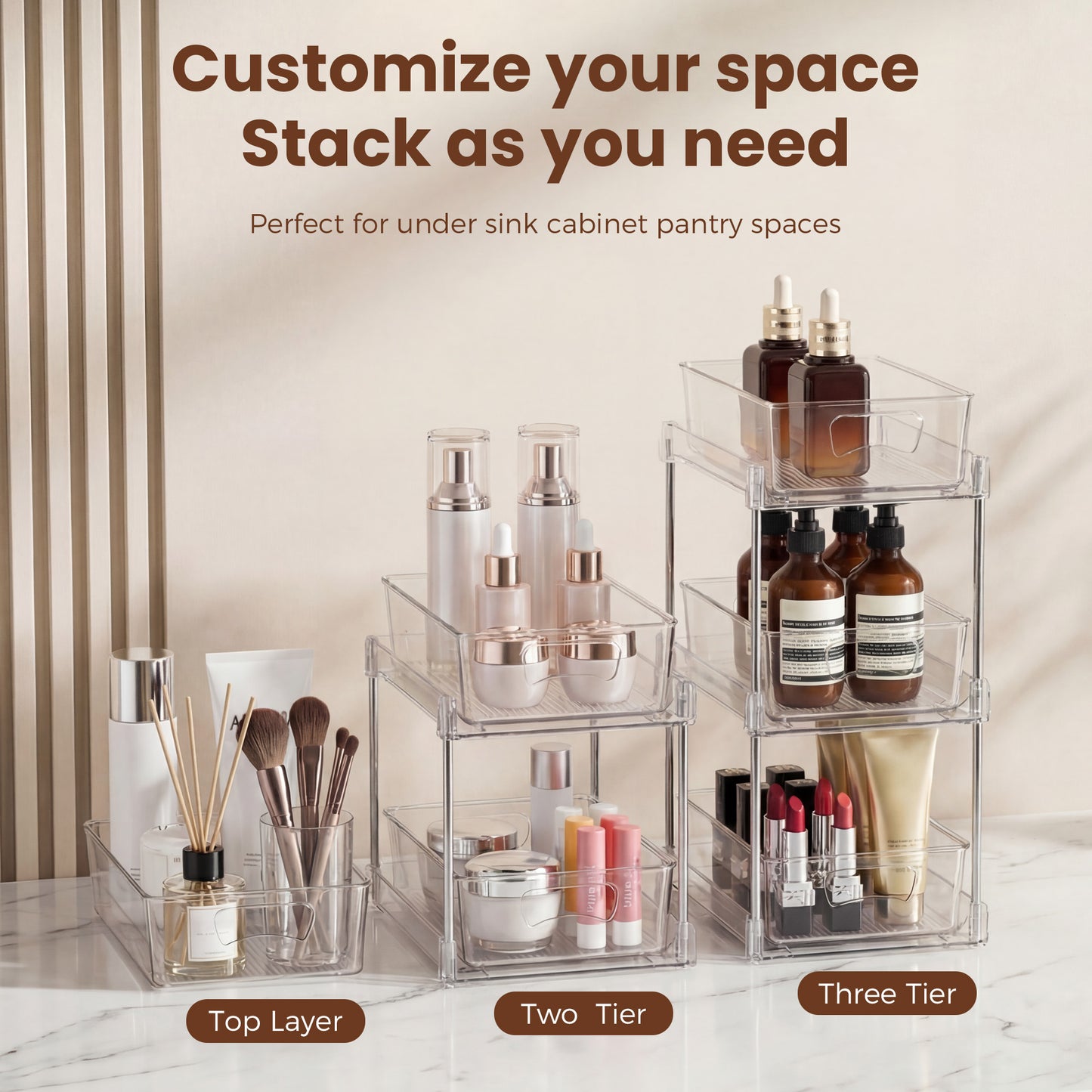 Riousery 2-Tier Clear Under Sink Organizer, 2-Pack Pull-Out Cabinet Storage, Stackable Design for Kitchen and Bathroom