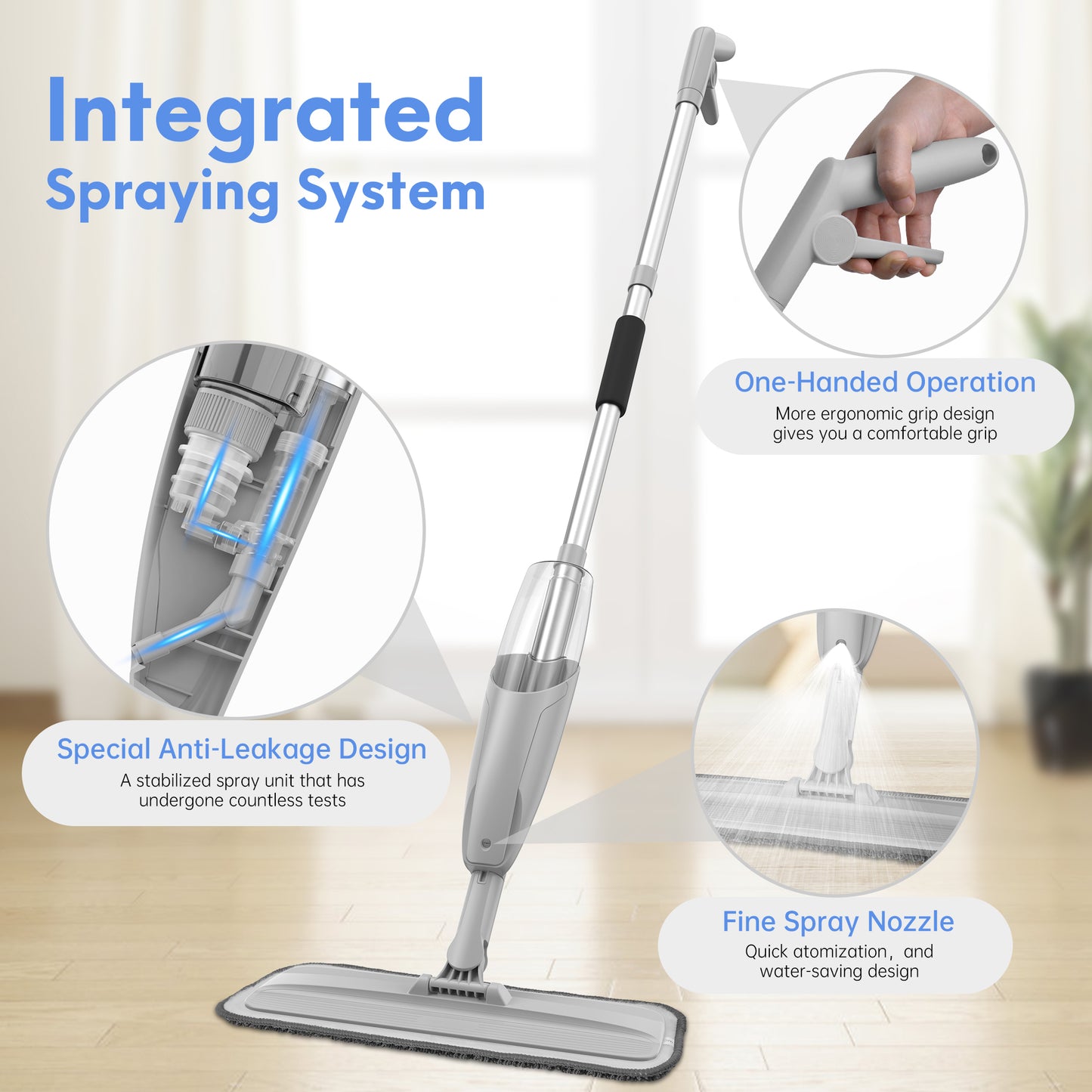 BIMZUC Spray Mop for Floor Cleaning Wet, with 14 oz Refillable Bottle and 3 Washable Microfiber Pads Home or Commercial Use, Gray