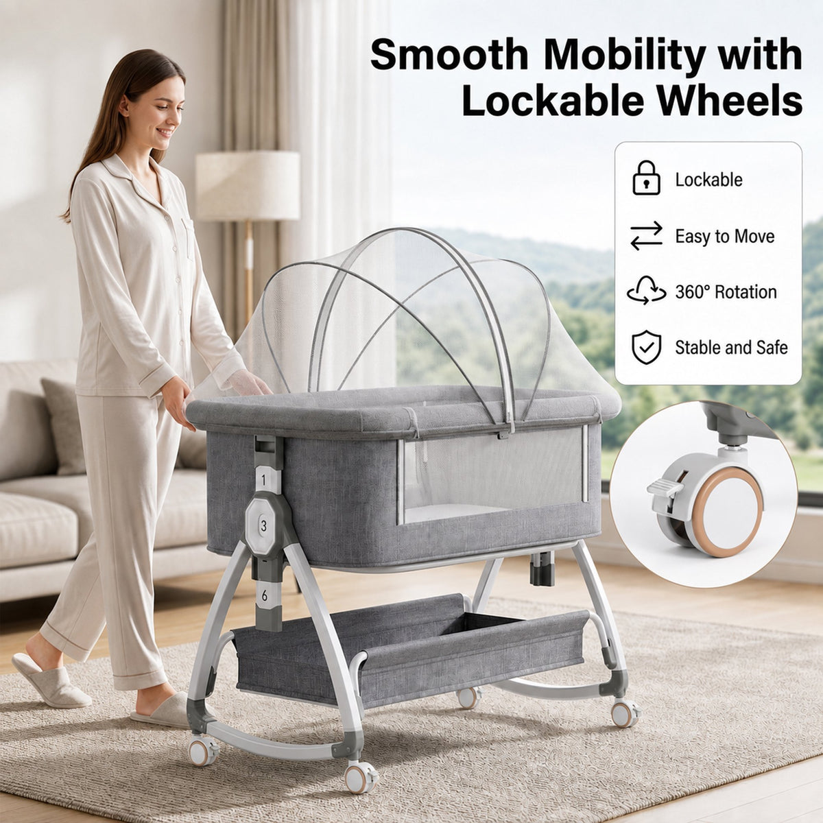 Chastar Bassinet Bedside, Portable Baby Crib with 6 Adjustable Heights and Breathable Mesh Panels, Foldable, Gray