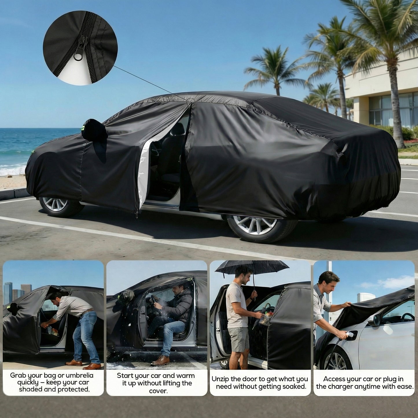 FLORAY Waterproof All-Weather Car Cover with Zipper Door, Heavy-Duty Windproof Vehicle Cover for Sedan & SUV, UV & Snow Protection, Black, 210" x 59" x 47"