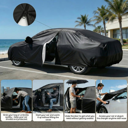 FLORAY Waterproof All-Weather Car Cover with Zipper Door, Heavy-Duty Windproof Vehicle Cover for Sedan & SUV, UV & Snow Protection, Black, 210" x 59" x 47"