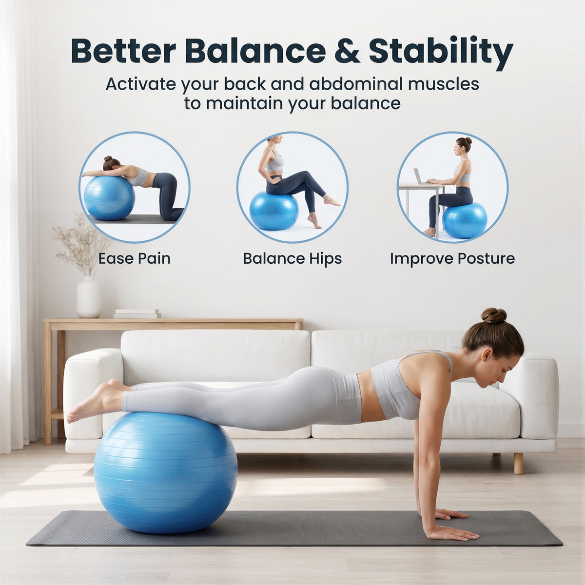 Feeray 29.5-Inch Exercise Yoga Ball, 2.5mm Thickened Stability Fitness Ball for Core Training, Blue