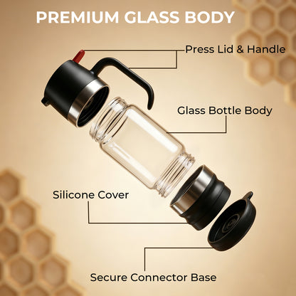 Riousery Honey Dispenser No Drip, 12oz Glass Syrup Dispenser with Press Lid, Leakproof Honey Jar with Silicone Seal, One-Hand Use for Honey, Oil, Sauces