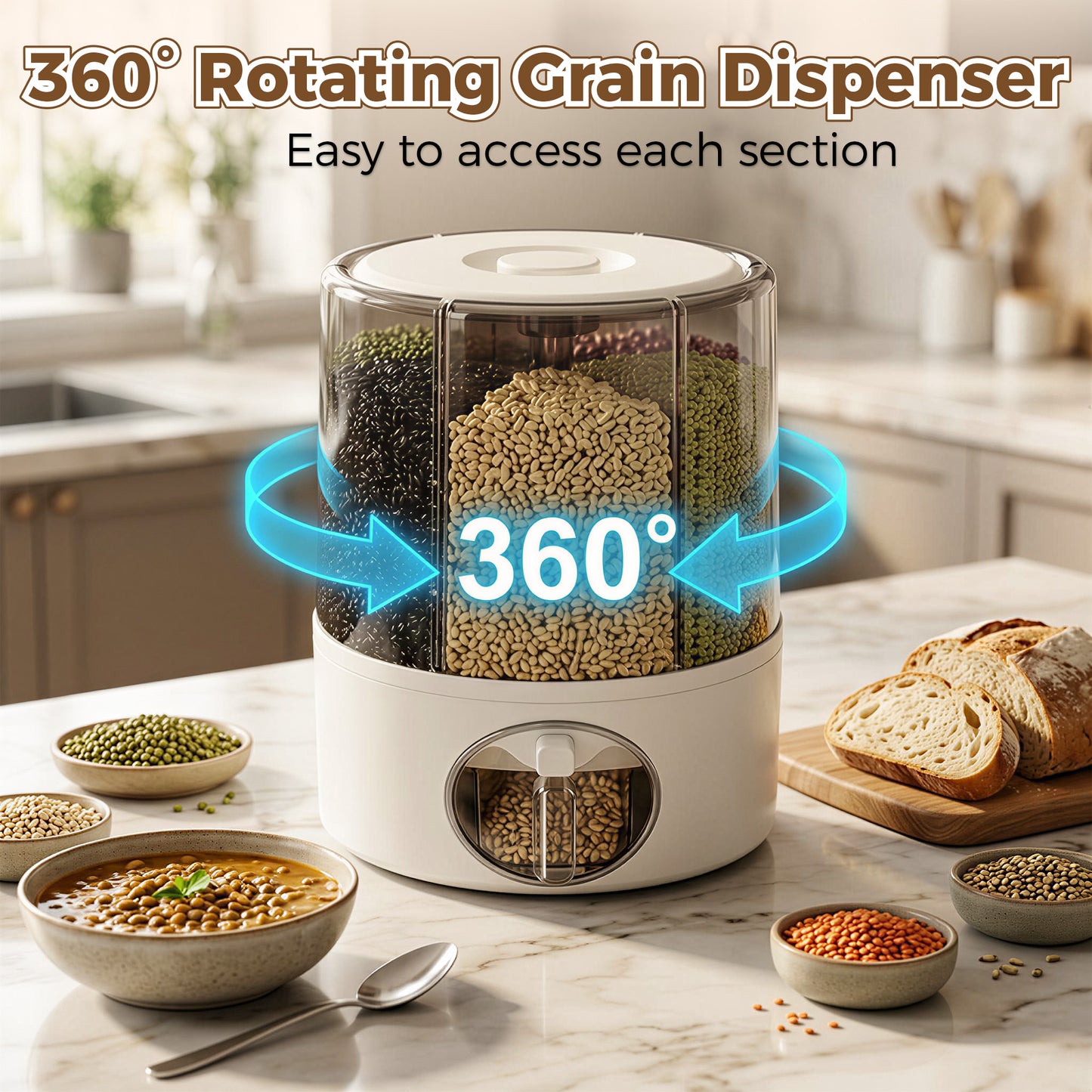 WEEUSE 360° Rotating Grain Dispenser, 22 lbs Large Capacity, 6 Compartments, One-Press Dispensing, Clear Rice & Cereal Storage for Kitchen Pantry