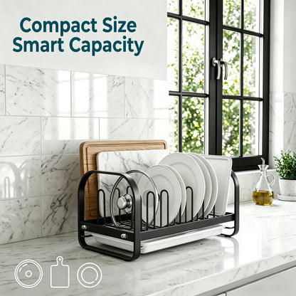 Riousery Dish Drying Rack with Drainboard, Compact Stainless Steel Dish Drainer for Small Kitchen Counter, 14.2" x 6.9" x 6.1", Black