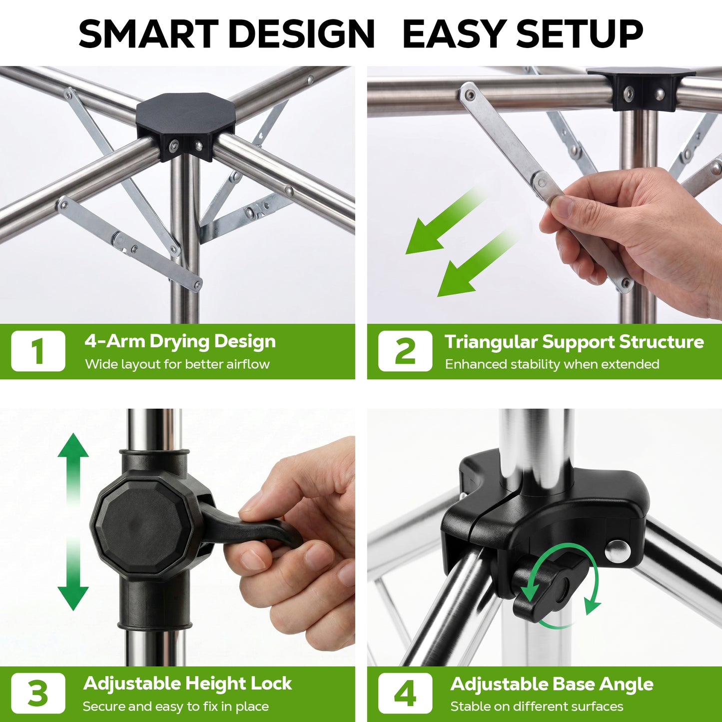 Riousery Tripod Clothes Drying Rack, 4-Arm Foldable Laundry Drying Stand with 71" Adjustable Height & 79" Extra-Wide Drying Space, Stainless Steel Portable Rack with Windproof Hanger Hooks
