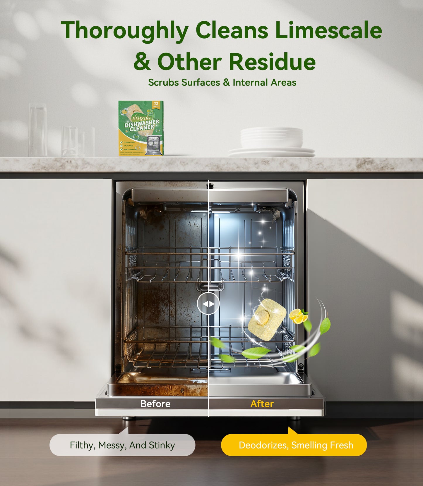 BIMZUC Dishwasher Cleaner Tablets (12 Pack), Deep Clean, Remove Limescale and Odors, Lemon Scent