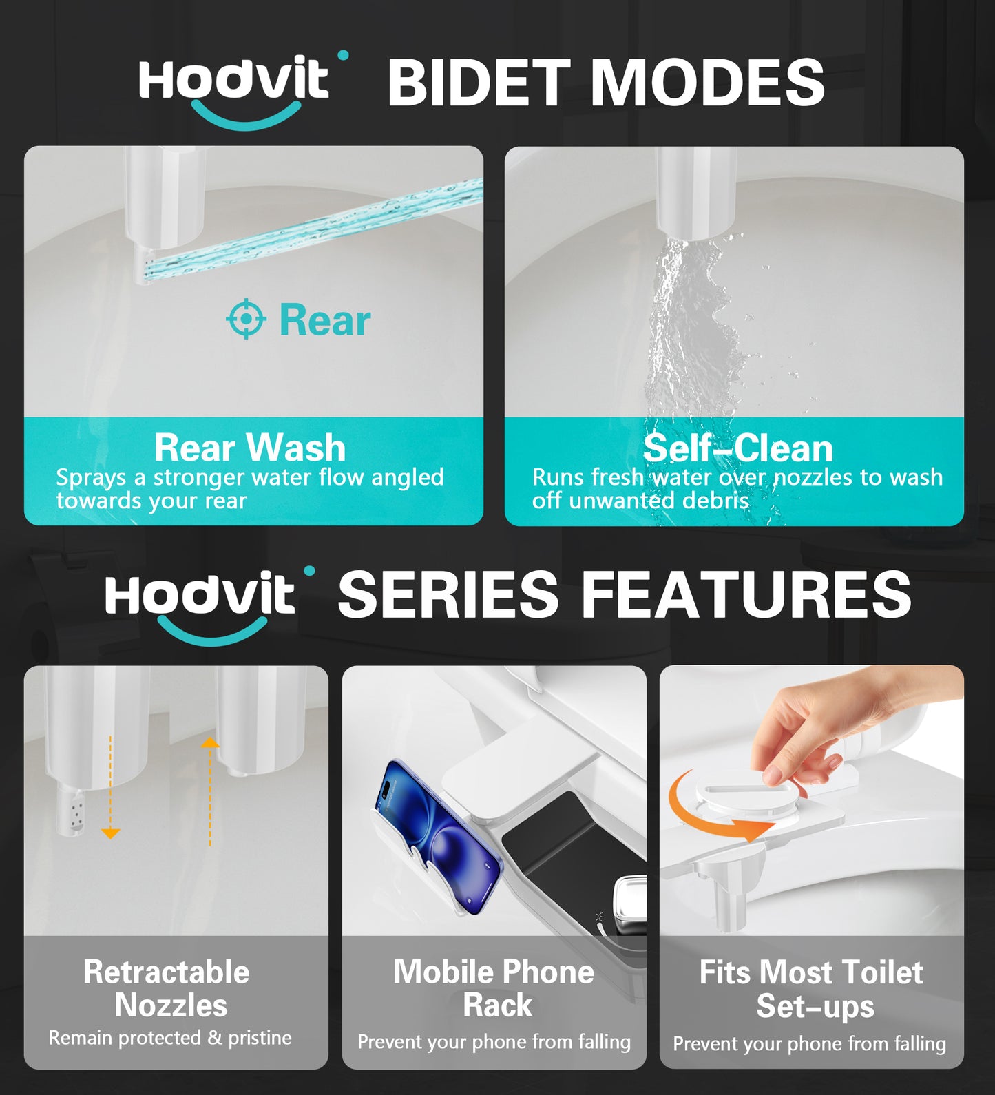 Hodvit Non-Electric Bidet Toilet Attachment, Dual Nozzle with Self-Cleaning, Adjustable Pressure Control