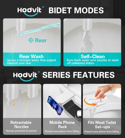 Hodvit Non-Electric Bidet Toilet Attachment, Dual Nozzle with Self-Cleaning, Adjustable Pressure Control