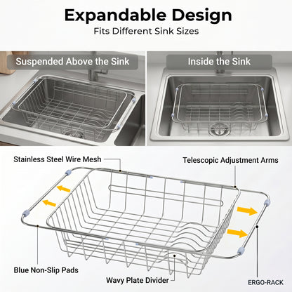 Riousery Dish Drying Rack, Stainless Steel Expandable Over Sink Dish Rack, Adjustable Dish Drainer for Kitchen Sink or Countertop, Space-Saving Design, 11.8"–16.5"