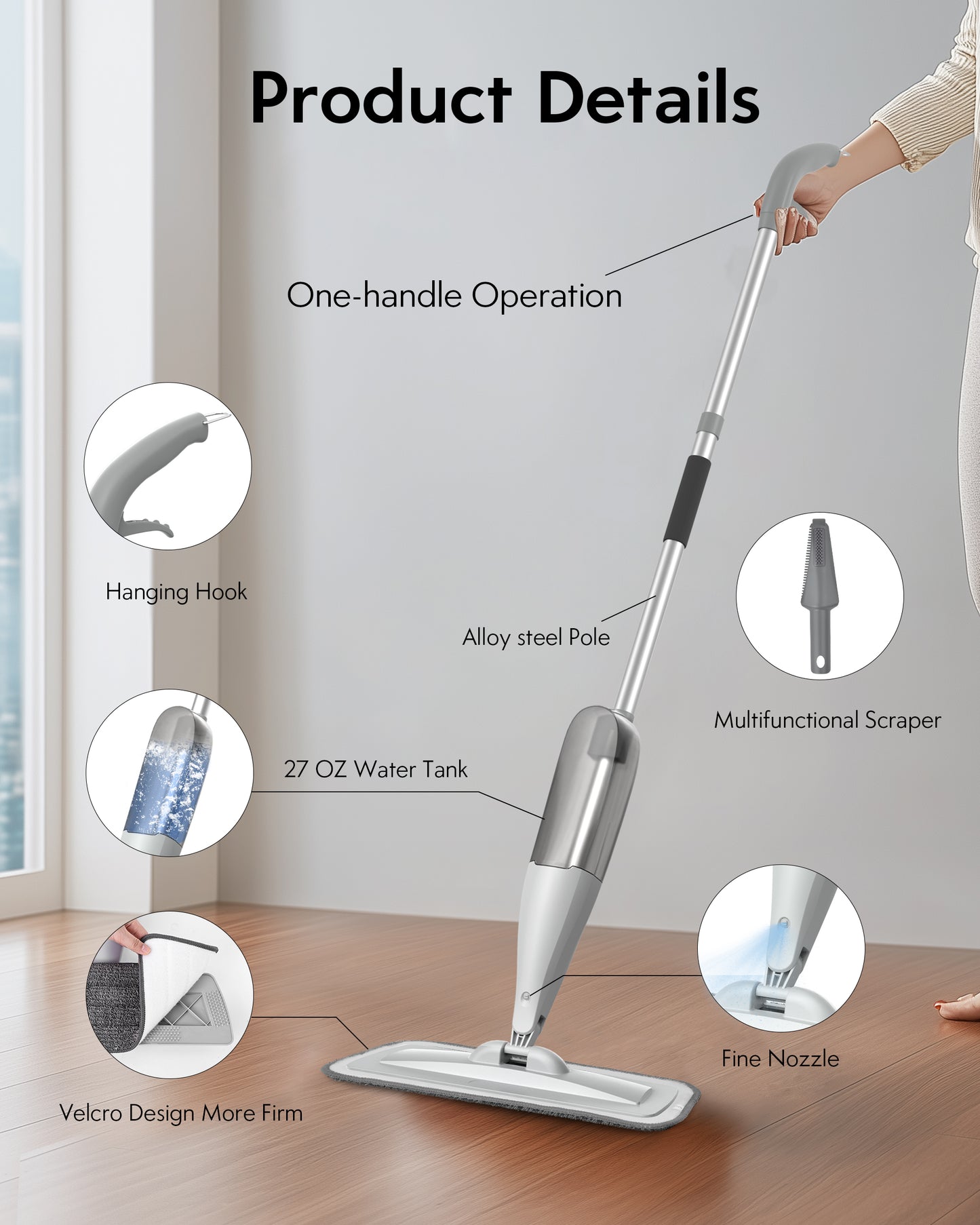 BIMZUC Spray Mop for Floor Cleaning with 3 Washable Pads-Wet Dry Microfiber Mop with 27 oz Refillable Bottle, Gray - New