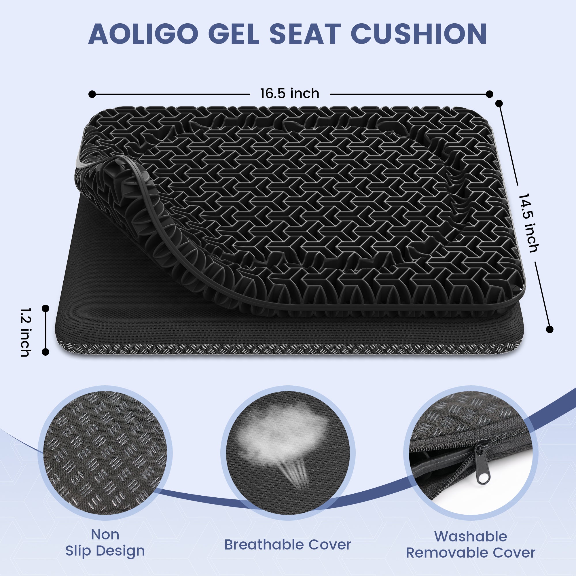 AOLIGO Gel Seat Cushion for Long Sitting, Office Chair, Car, Wheelchair, Black