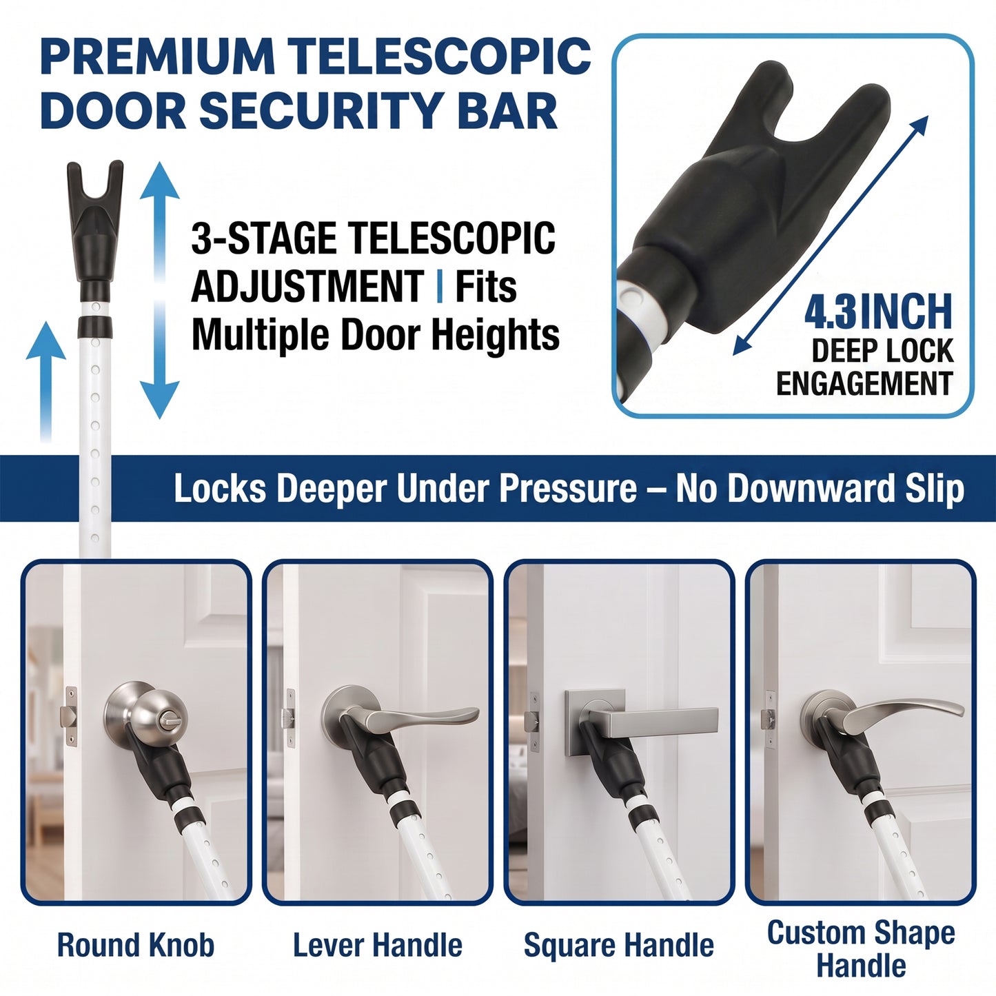 Adjustable Door Security Bar, Heavy-Duty 3-Section Door Stopper for Home Travel & Hotel, 23.2"-49.2"