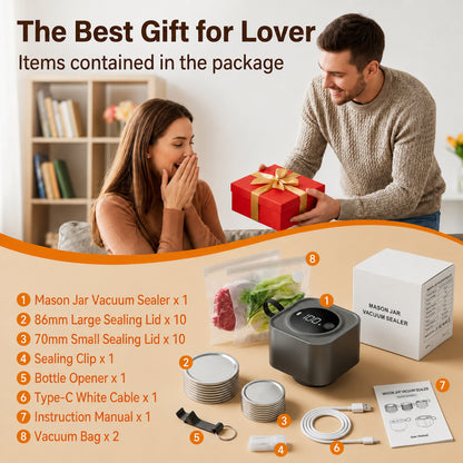 M Buder Electric Mason Jar Vacuum Sealer, Electric Mason Jar Vacuum Sealer Kit for Food Storage, Jar Sealer Machine with 10PCS Wide & Regular Mouth Mason Lids, 2PCS Storage Bags