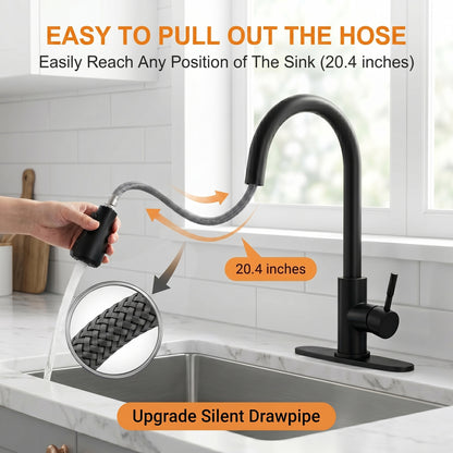 HODVIT Kitchen Faucet with Pull Down Sprayer, Matte Black Stainless Steel Kitchen Sink Faucet with Deck Plate