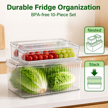 M Buder 10 PCS Fruit Storage Containers for Fridge, Food Storage Containers with Removable Colander, Leakproof Fridge Organizer Bins For Fruits, Vegetables, Snacks Keeper Fresh
