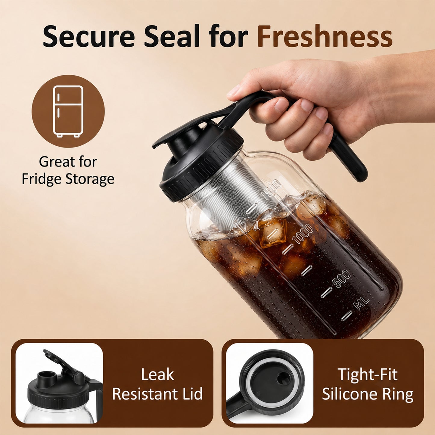 M Buder Cold Brew Coffee Maker, 64 oz Iced Coffee Maker with Stainless Steel Filter, Lid and Spout, No Leaks Mason Brew Jar Pitche for Iced Coffee, Tea