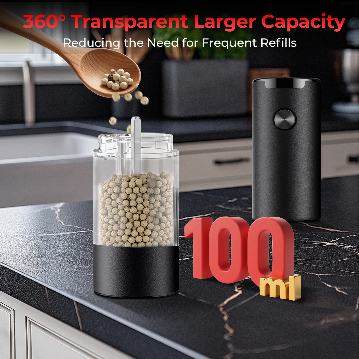 M Buder Electric Salt and Pepper Grinder Set, Automatic Battery Pepper Mill Shakers Adjustable Coarseness Easy Filling with Led, 2 Pack, Black