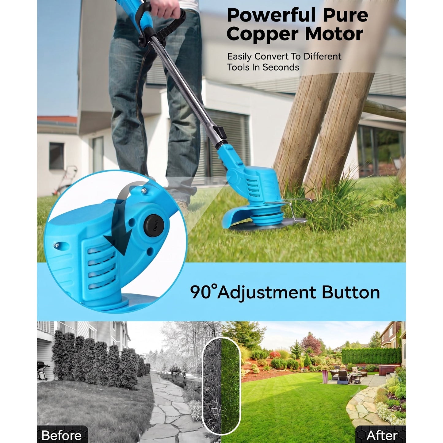 HOTREE 21V Cordless Electric String Trimmer & Weed Wacker Edger, 2x 2.0Ah Batteries, 3 Blades & Adjustable Handle for Yard Care