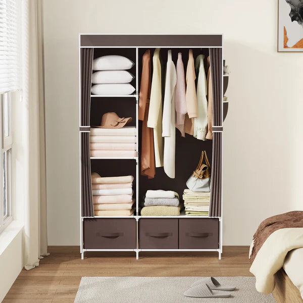 Riousery Portable Closet, Bedroom Wardrobe Closet Organizer with Cover, 3 Storage Boxes, Hanging Rods and Shelves, Brown