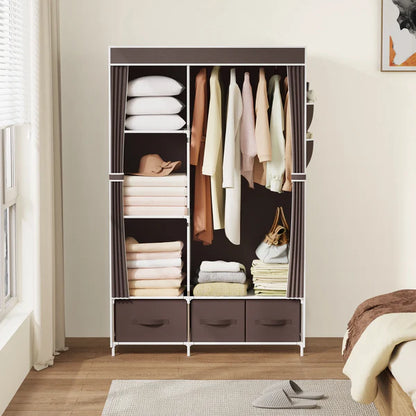 Riousery Portable Closet, Bedroom Wardrobe Closet Organizer with Cover, 3 Storage Boxes, Hanging Rods and Shelves, Brown