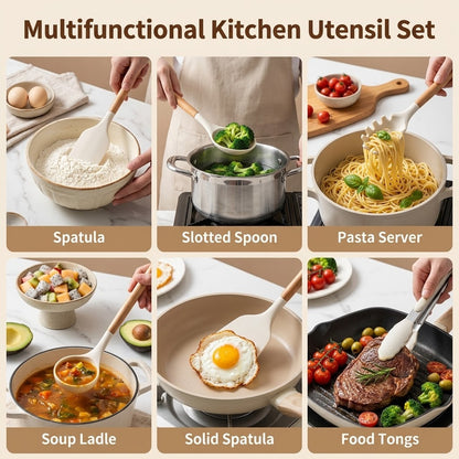 M Buder 42 PCS Silicone Cooking Utensil Sets, Kitchen Utensils Set for Nonstick Cookware, 446°F Heat Resistant Spatula Set, BPA Free Kitchen Gadgets Tools with Holder, Beige