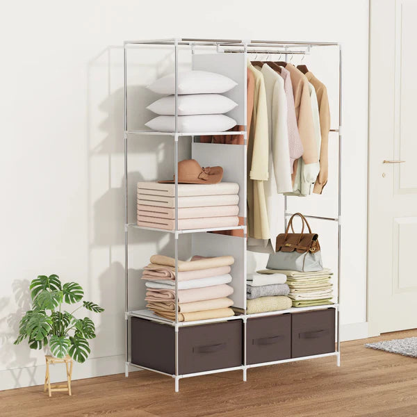 Riousery Portable Closet, Bedroom Wardrobe Closet Organizer with Cover, 3 Storage Boxes, Hanging Rods and Shelves, Brown
