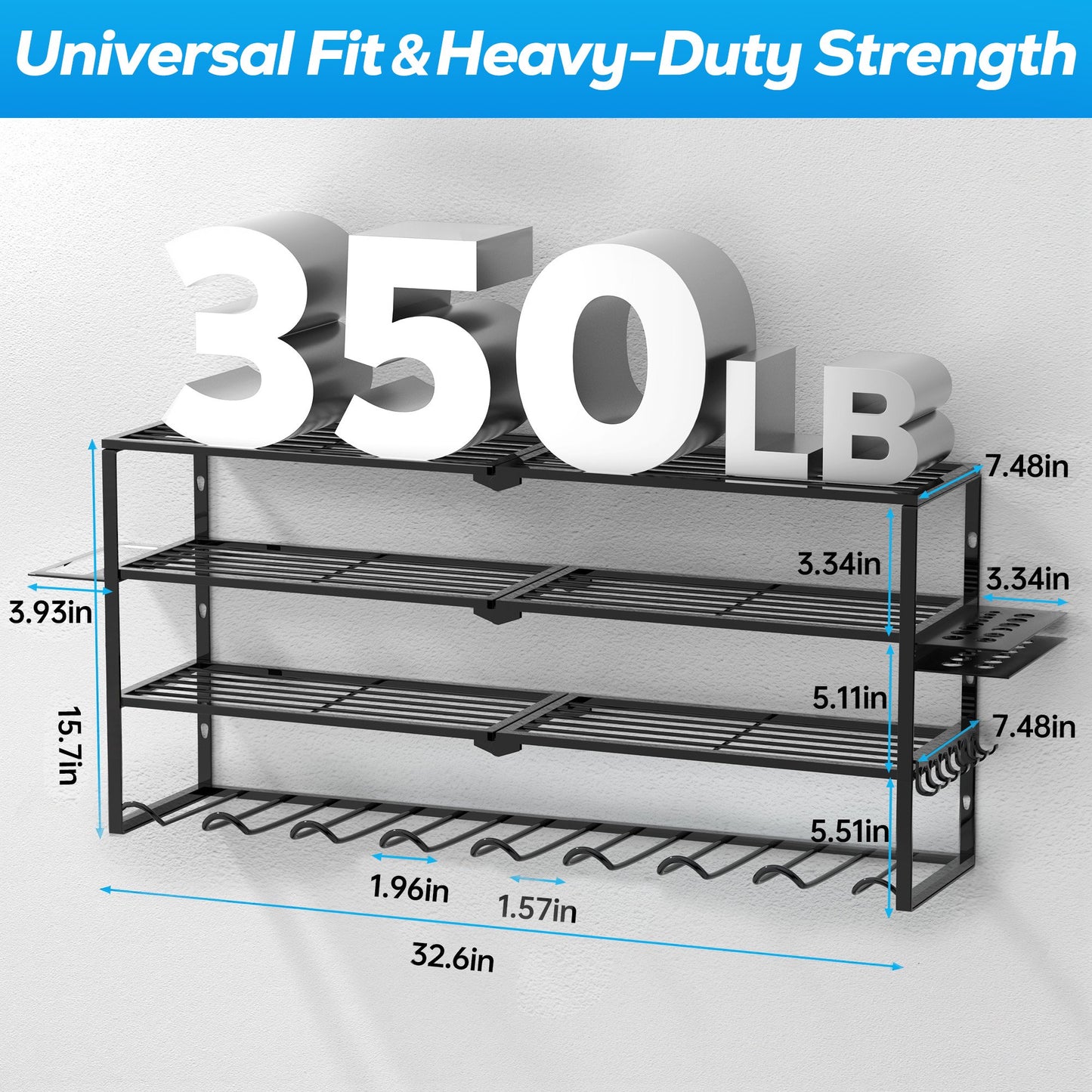 Riousery Heavy Duty Power Tool Organizer Wall Mount, 8 Drill Holder Rack with Hooks, 4-Tier Tool Storage Shelf with 350Lbs Load Capacity, Garage Tool Rack for Workshop Shed Pegboard Wall