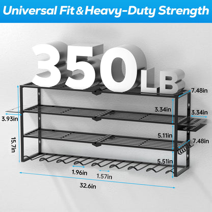 Riousery Heavy Duty Power Tool Organizer Wall Mount, 8 Drill Holder Rack with Hooks, 4-Tier Tool Storage Shelf with 350Lbs Load Capacity, Garage Tool Rack for Workshop Shed Pegboard Wall