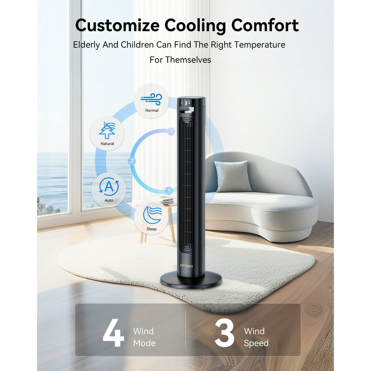 NFTIGB 36'' Tower Fan 75° Oscillating Standing Floor Fan, 3 Speeds & Modes,12H Timer for Home,New