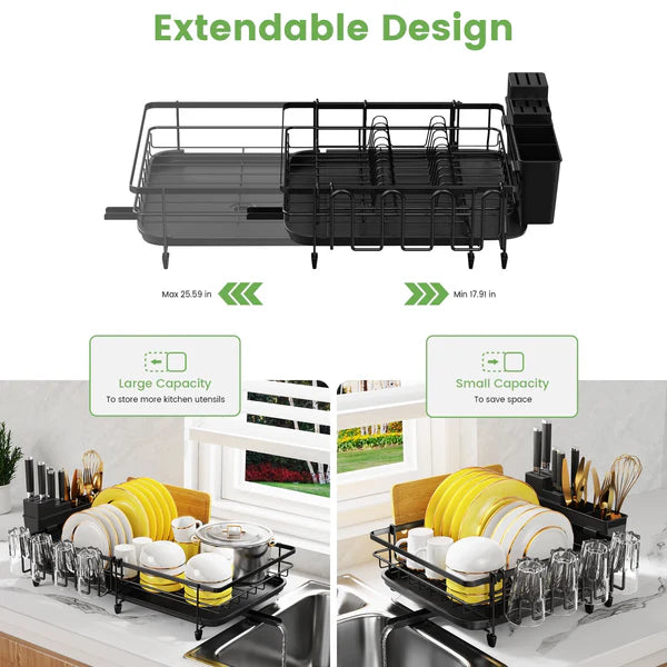 Riousery Retractable Dish Drying Rack for Kitchen Countertop, Compact Dish Rack with Drainboard Tray, Cutting Board/Utensil Holder,Black