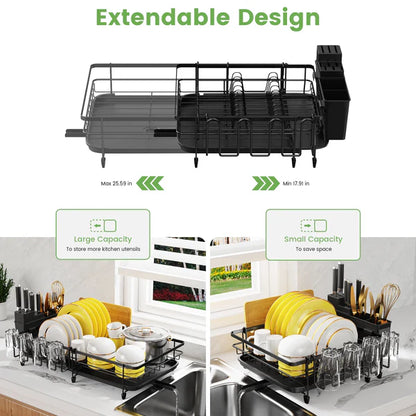 Riousery Retractable Dish Drying Rack for Kitchen Countertop, Compact Dish Rack with Drainboard Tray, Cutting Board/Utensil Holder,Black